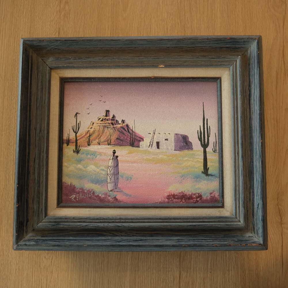 Vintage Framed Southwestern Desert Landscape Painting Signed Adobe Cactus